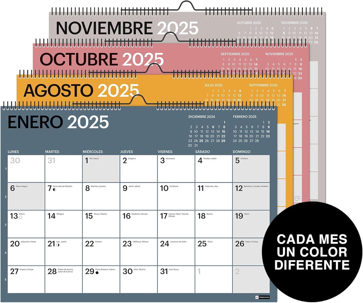 CALENDARIO DE PARED MIQUELRIUS A3 CON ESPACIO PARA ANOTAR CASTELLANO 18 MESES 2025